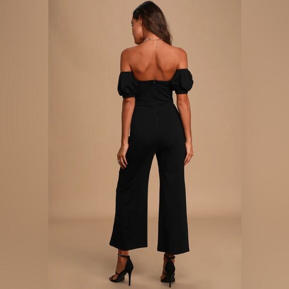 LULUS Impress Release Black Off the Shoulder Puff Sleeve Jumpsuit Size Large NWT - Picture 8 of 8